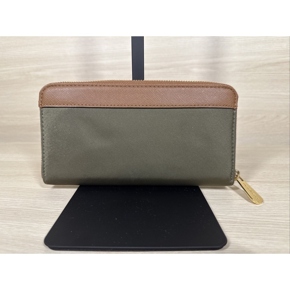 Michael Kors Monogram Jet Set Zip Around Wallet Green Brown 4x8 Canvas & Leather - Picture 4 of 8